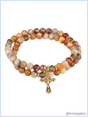 Natural Crazy Lace Stone Catholic Rosary Bracelet with Gold Jesus Crucifix
